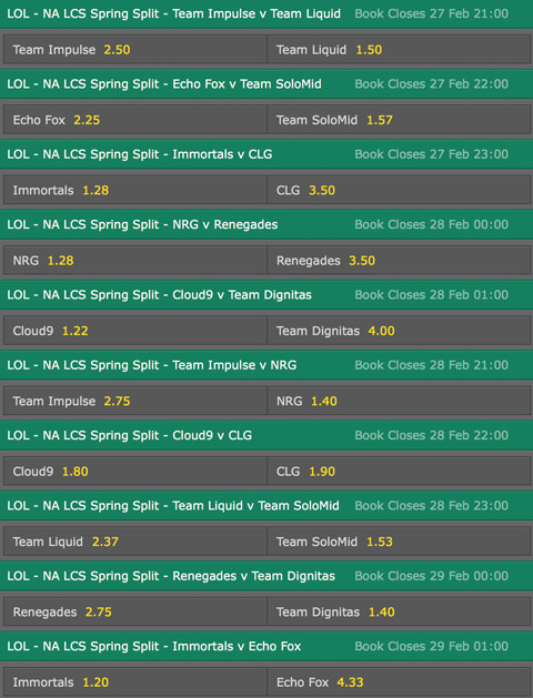 Spielplan und Quoten Woche 7 LCS NA Spring Split 2016 Bet365