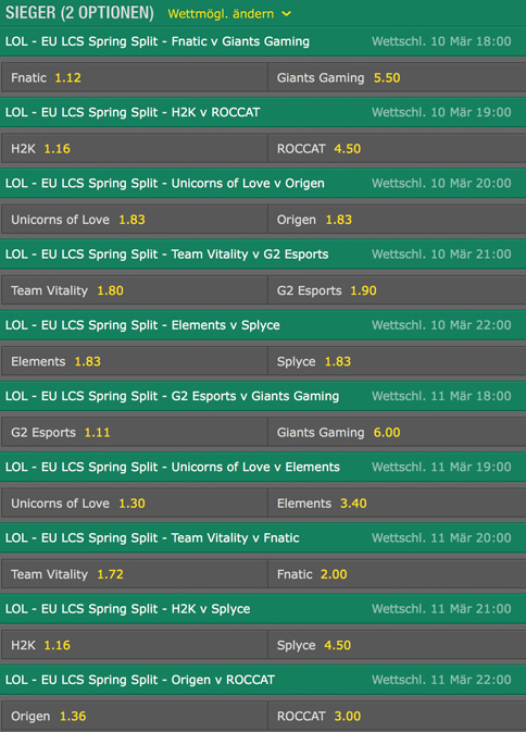 Spielplan und Quoten Woche 8 LCS EU Spring Split 2016 Bet365