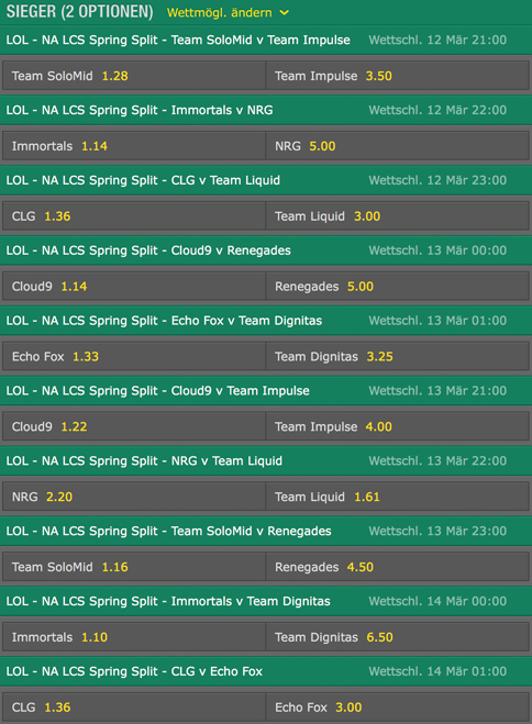 Spielplan und Quoten Woche 8 LCS NA Spring Split 2016 Bet365