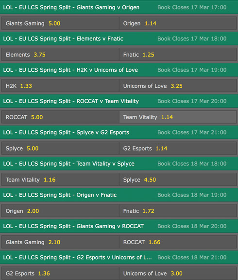 Spielplan und Quoten Woche 9 LCS EU Spring Split 2016 Bet365