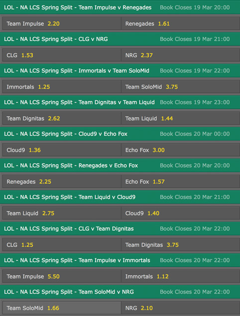 Spielplan und Quoten Woche 9 LCS NA Spring Split 2016 Bet365