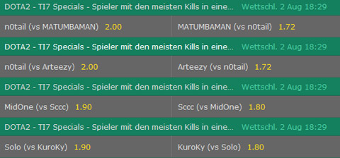 TI7 Dota2 spezialwetten - spieler mit den meisten kills in einem spiel von bet365