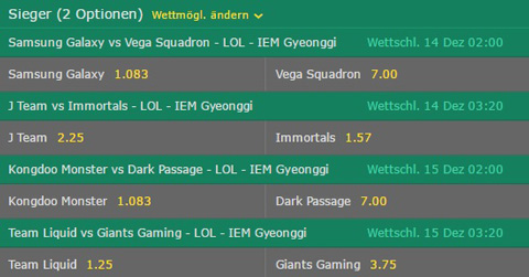 Wettquoten Spiele LoL IEM Gyeonggi 2016 Bet365