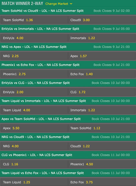 Probabilidades de Apuestas NA LCS 2016 Split de Verano Semana 6 en Bet365