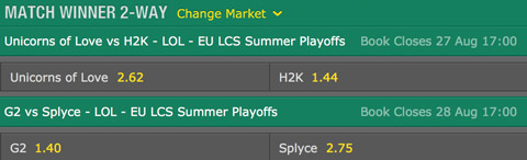 EU LCS 2016 Split de Verano Playoffs Final Probabilidades de Apuestas en Bet365