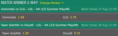 NA LCS 2016 Split de Verano Playoffs Final Probabilidades de Apuestas en Bet365