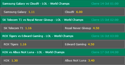 Cuartos de Final - Mundial de League of Legends 2016 - Probabiliades de apuestas en Bet365