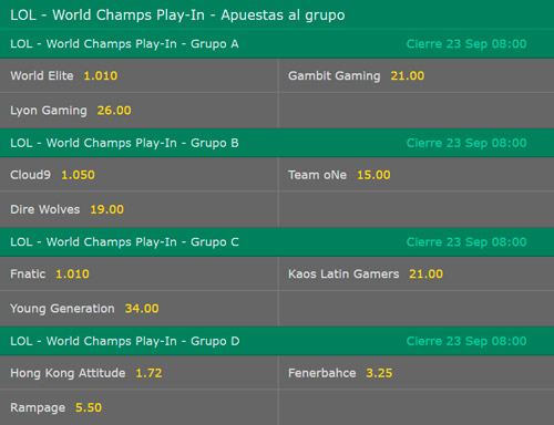 Apuestas al Grupo Play-In Stage Campeonato Mundial de LoL 2017 Cuotas de Apuestas en Bet365