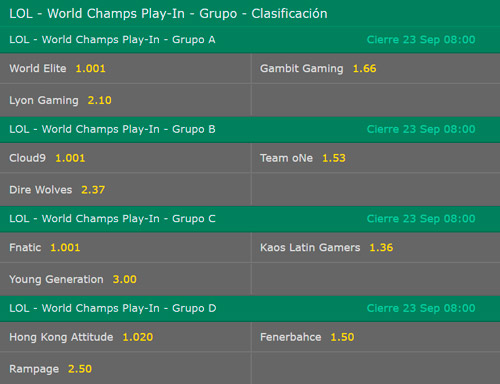 Clasificación Play In Stage Campeonato Mundial de LoL 2017 Cuotas de Apuestas en Bet365