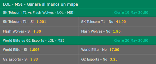 Ganará al menos un mapa Playoffs MSI 2017 Cuotas de Apuestas en Bet365